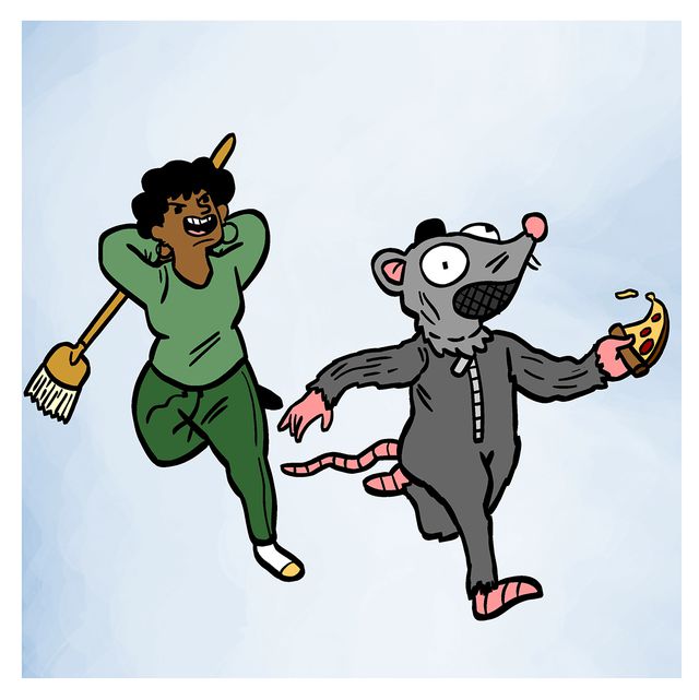 An illustration of Rat normplay, showing a woman chasing a person dressed in a rat costume with a broom.
